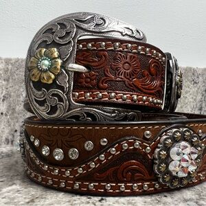 Nocona XL Brown and Silver Western Belt with Floral Accents